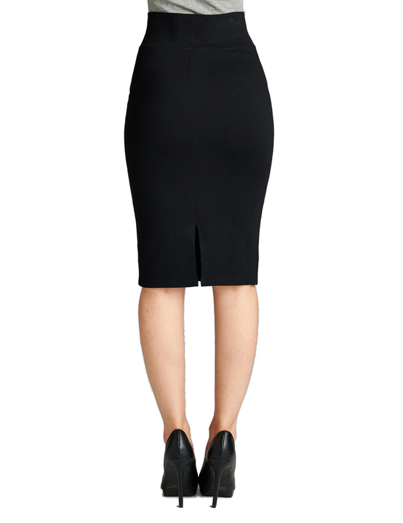 Women's Elastic Waist Band Stretchy Fabric Pencil Skirt with Bottom Slit