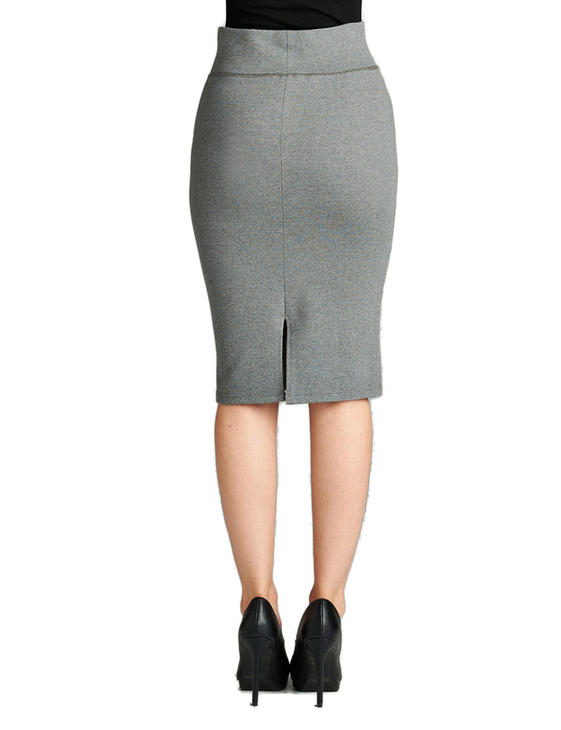 Women's Elastic Waist Band Stretchy Fabric Pencil Skirt with Bottom Slit
