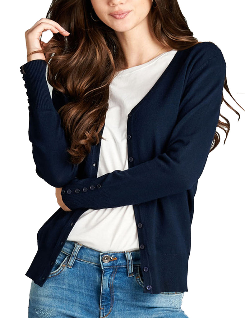 Womens V-Neck Cardigan with Sleeve Button Detail (S-XL)