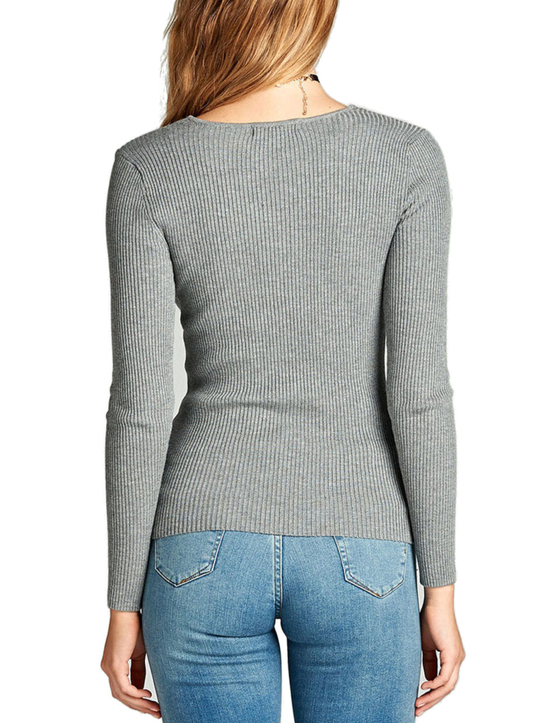 Women's Long Sleeve V-Neck Fitted Rib Rayon Nylon Sweater Top
