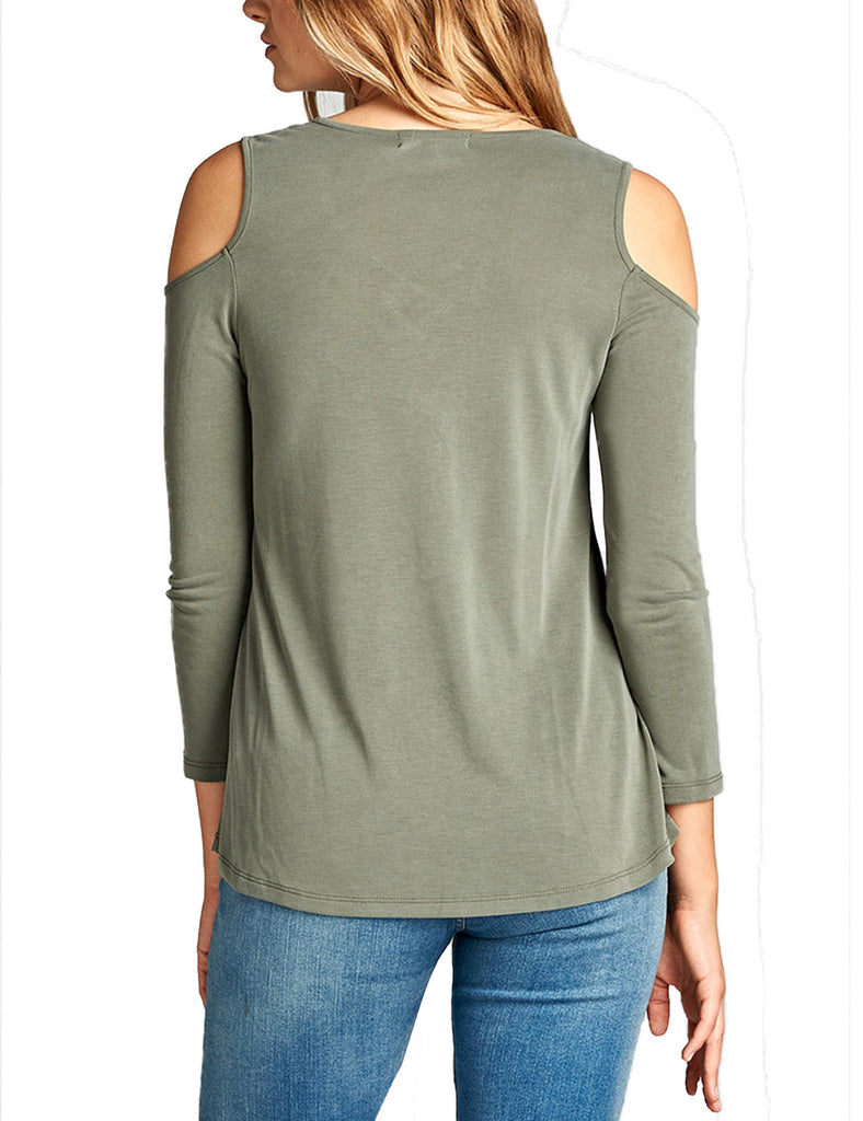 Womens 3/4 Sleeve Round Neck Open Shoulder Lace-Up Sandwashed Modal Jersey Top