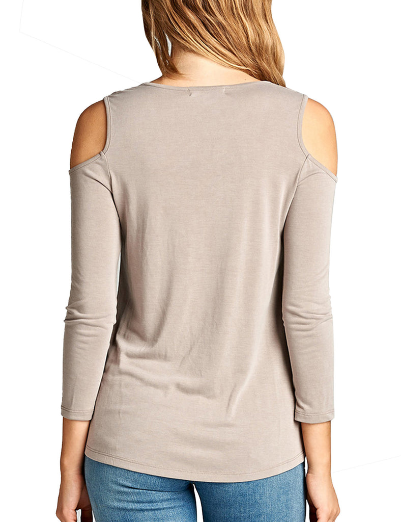 Womens 3/4 Sleeve Round Neck Open Shoulder Lace-Up Sandwashed Modal Jersey Top