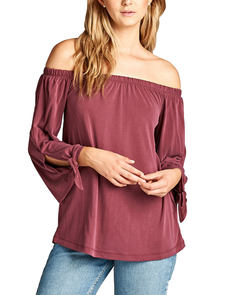 Womens Off the Shoulder Sleeve-Tie Sandwashed Modal Jersey Top