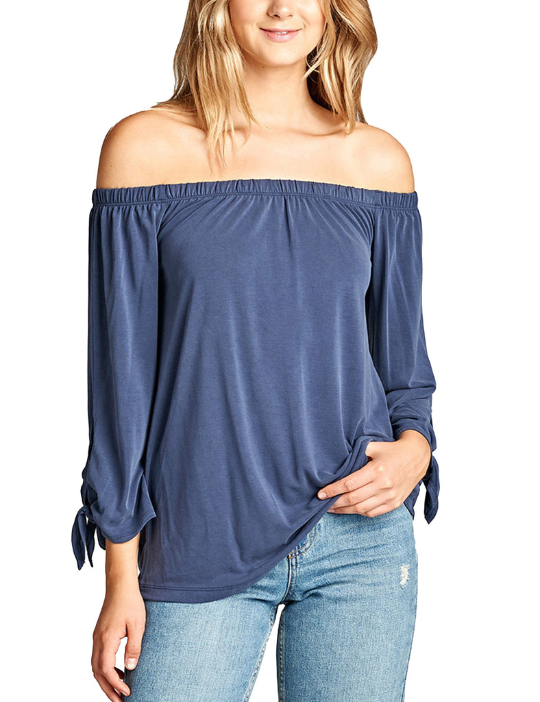 Womens Off the Shoulder Sleeve-Tie Sandwashed Modal Jersey Top