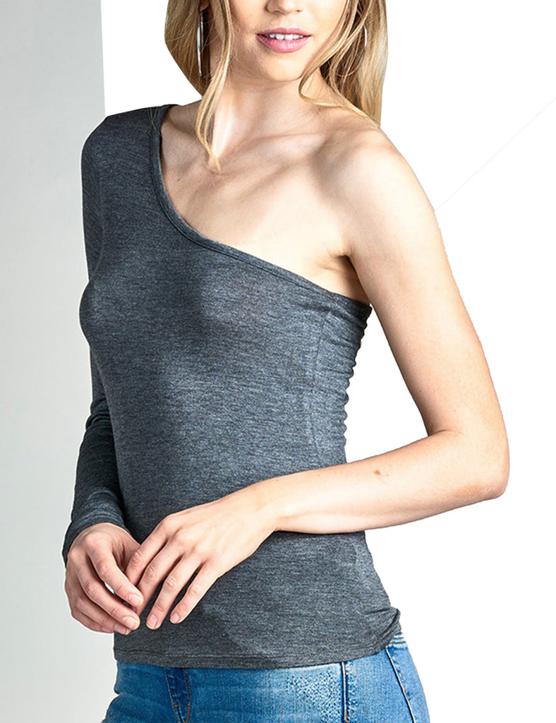 Womens Long Sleeve One Shoulder Rayon Spandex Jersey Top