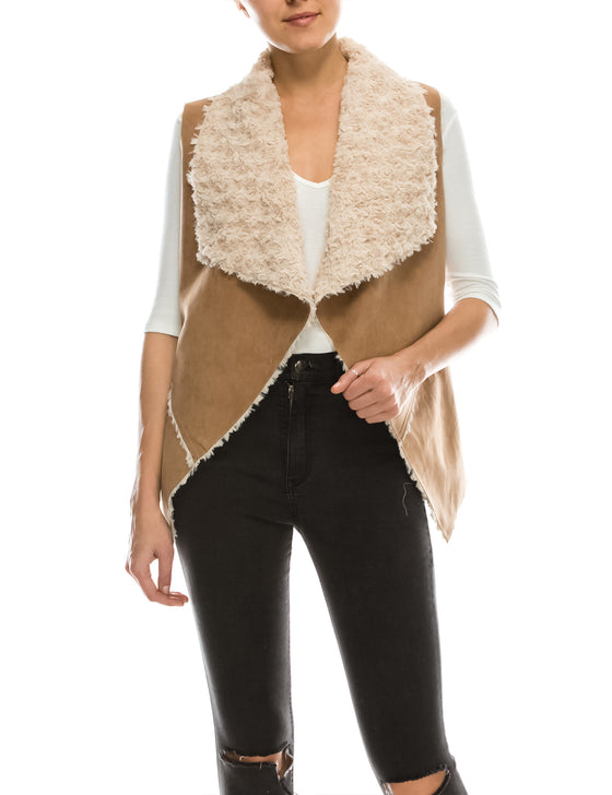 Womens Classic Faux Fur Shearing Fully Lined Suede Vest Coat