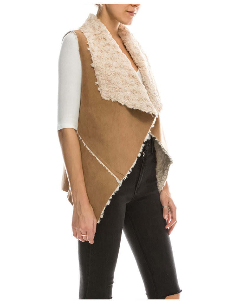 [Clearance] Womens Classic Faux Fur Shearing Fully Lined Suede Vest Coat