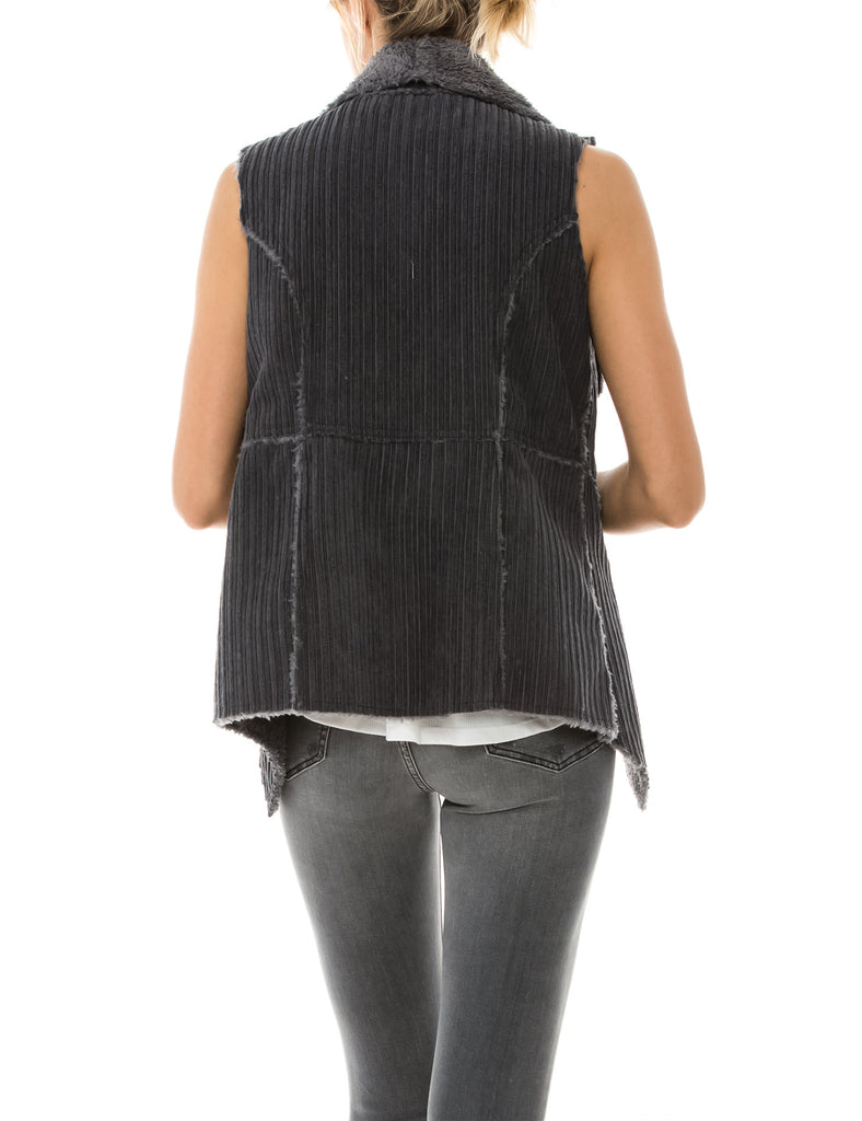 Womens Faux Fur Shearing Fully Lined Suede Vest Coat with Stripe Textured