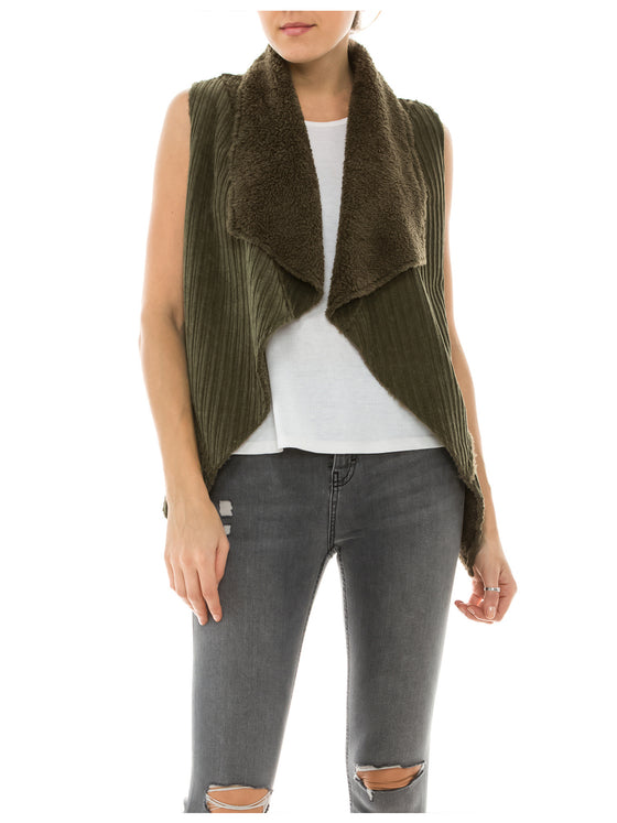 [Clearance] Womens Faux Fur Shearing Fully Lined Suede Vest Coat with Stripe Textured