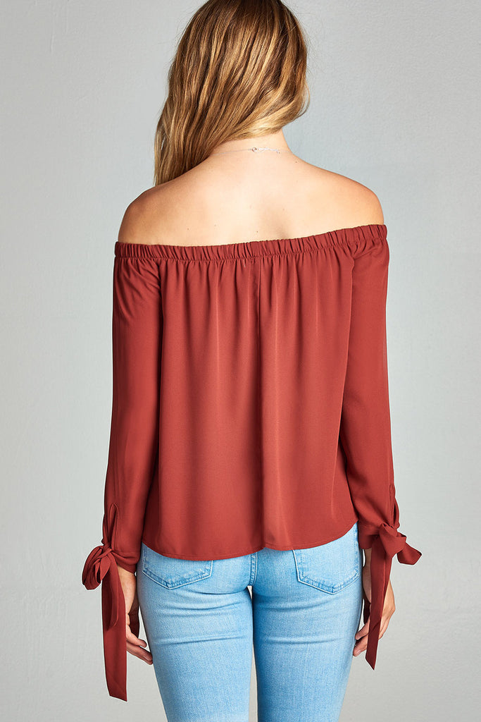 [Clearance] Womens Long Sleeve Tie Detail off the Shoulder Wool Dobby Top