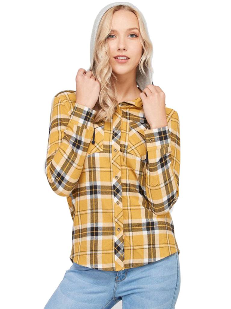 KOGMO Womens Plaid Button Down Shirts with Detachable Knit Hoodie