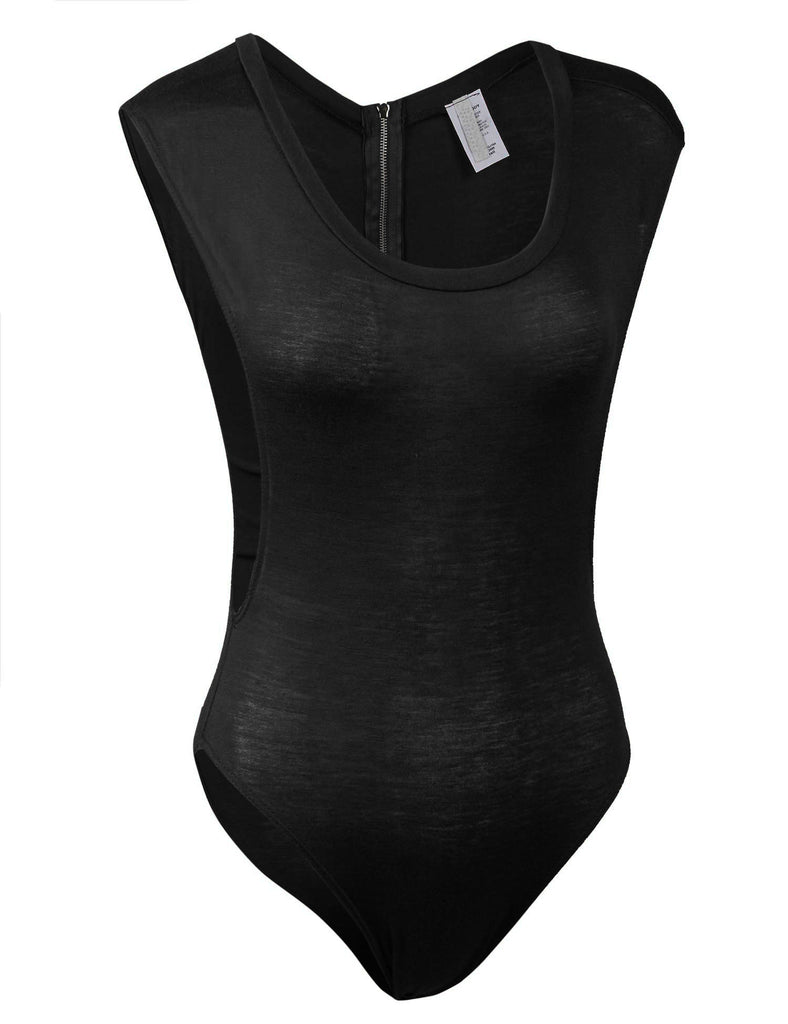Solid Deep Plunge Arm Hole Sexy Zipper Back Open Bodysuit