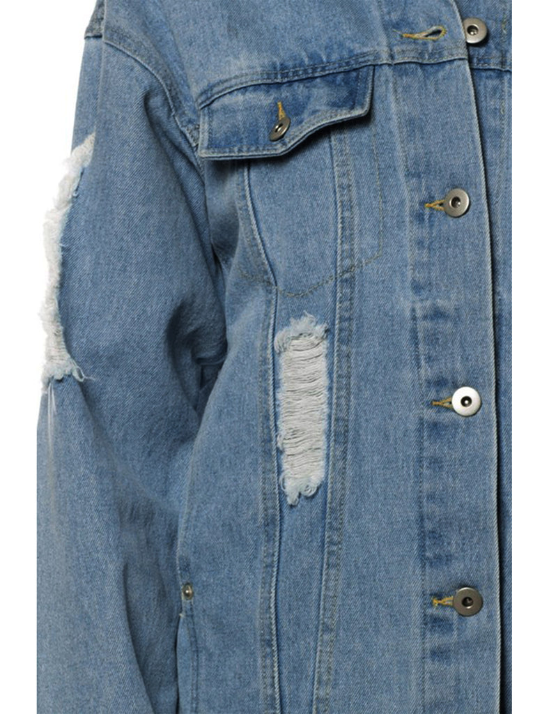 Women's Distressed Boyfreind Denim Jacket Loose Fit with Inner Pockets