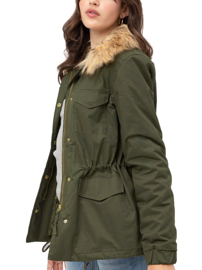 Womens Fully Lined Zip Up Anorak Jacket Detachable Faux Fur Trim