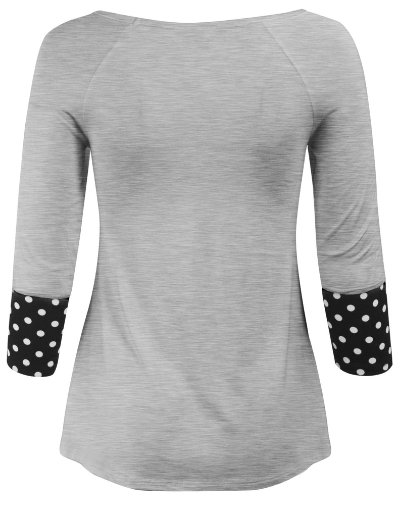 3/4 Sleeve Fashion T shirts Top with Polka Dot Sleeve