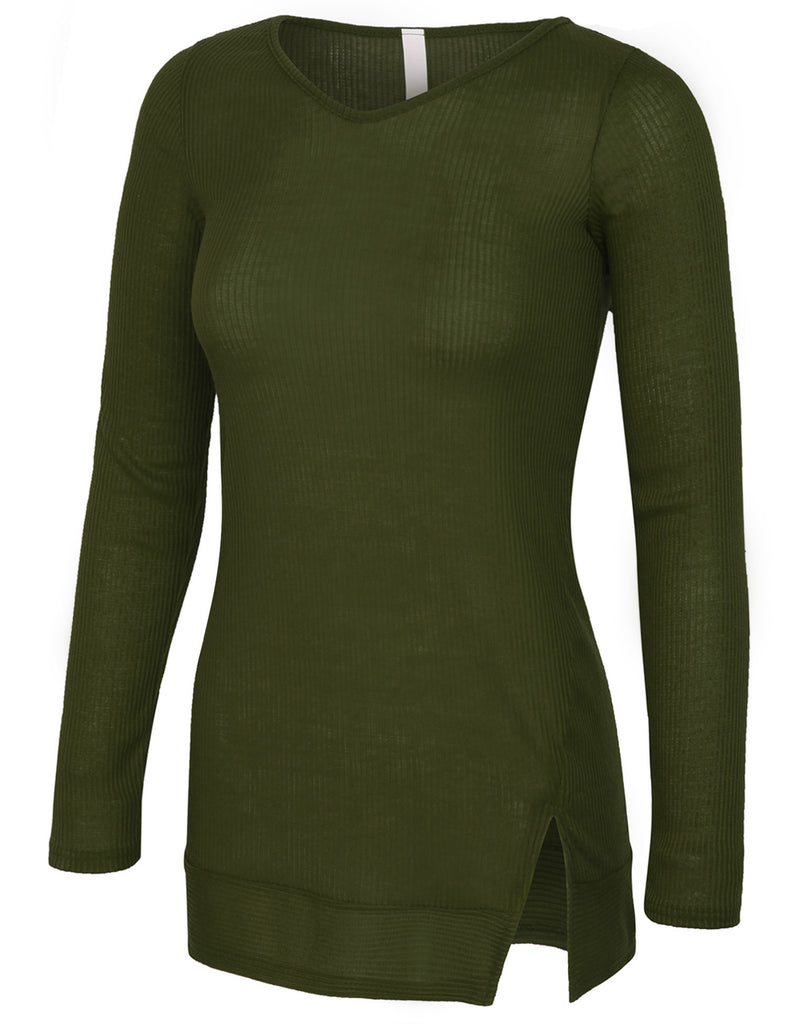 [Clearance] Womens Long Sleeve Ribbed Knit V Neck Front Slit Top T Shirt
