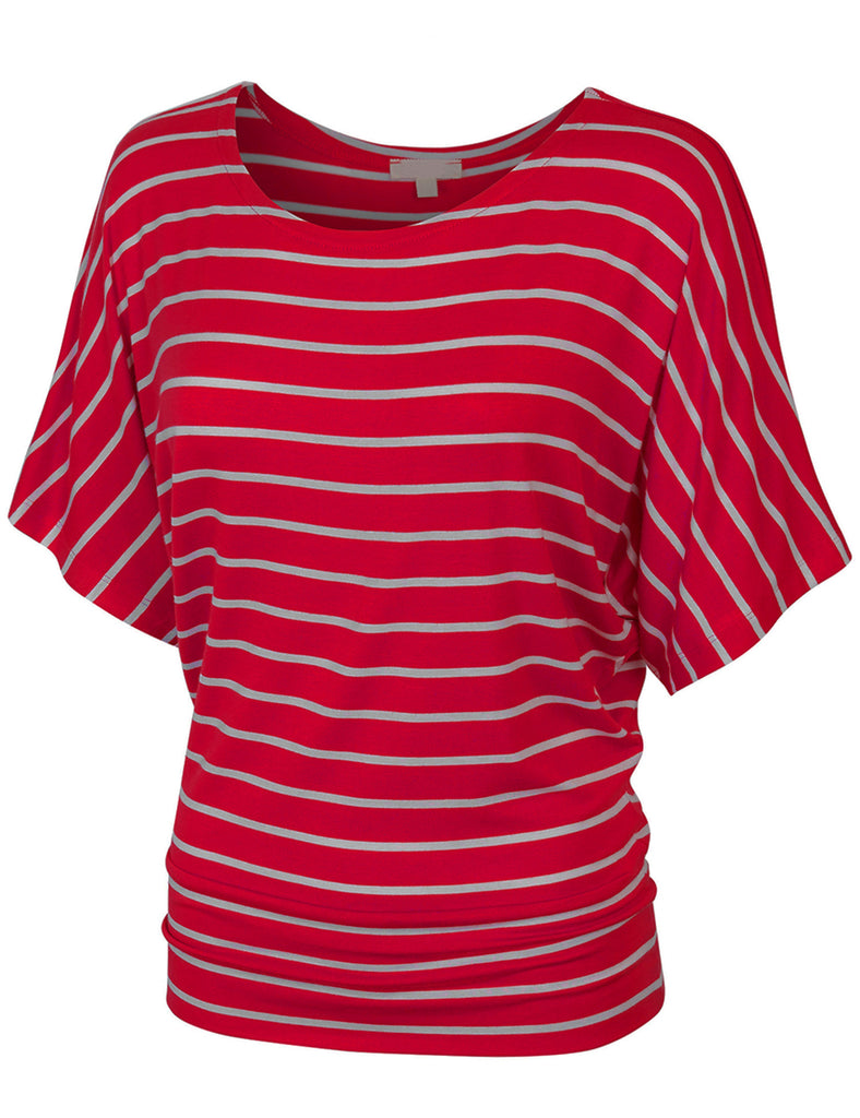 [Clearance] Womens Round Neck Striped Dolman Sleeve Casual Drape Top T-Shirt