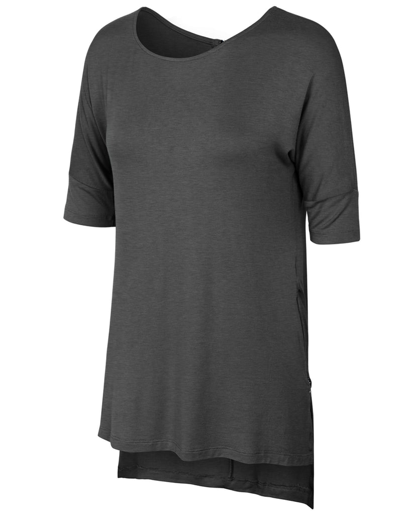 Round Neck Dolman Sleeve Casual Tunic Top with Zipper Details