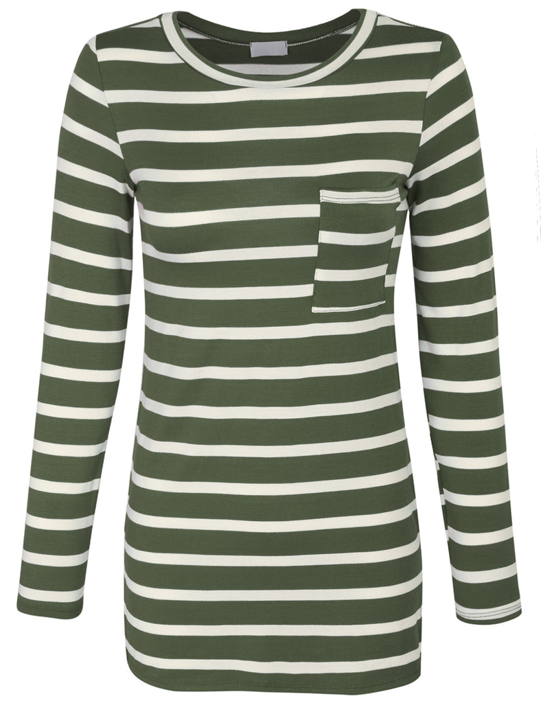 [Clearance] Womens Long Sleeve Striped Tunic Top with Chest Pocket