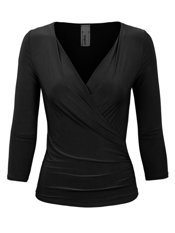 KOGMO Women's 3/4 Sleeve Side Wrap Ruched Shirred Slim Fit V-neck Top Shirts