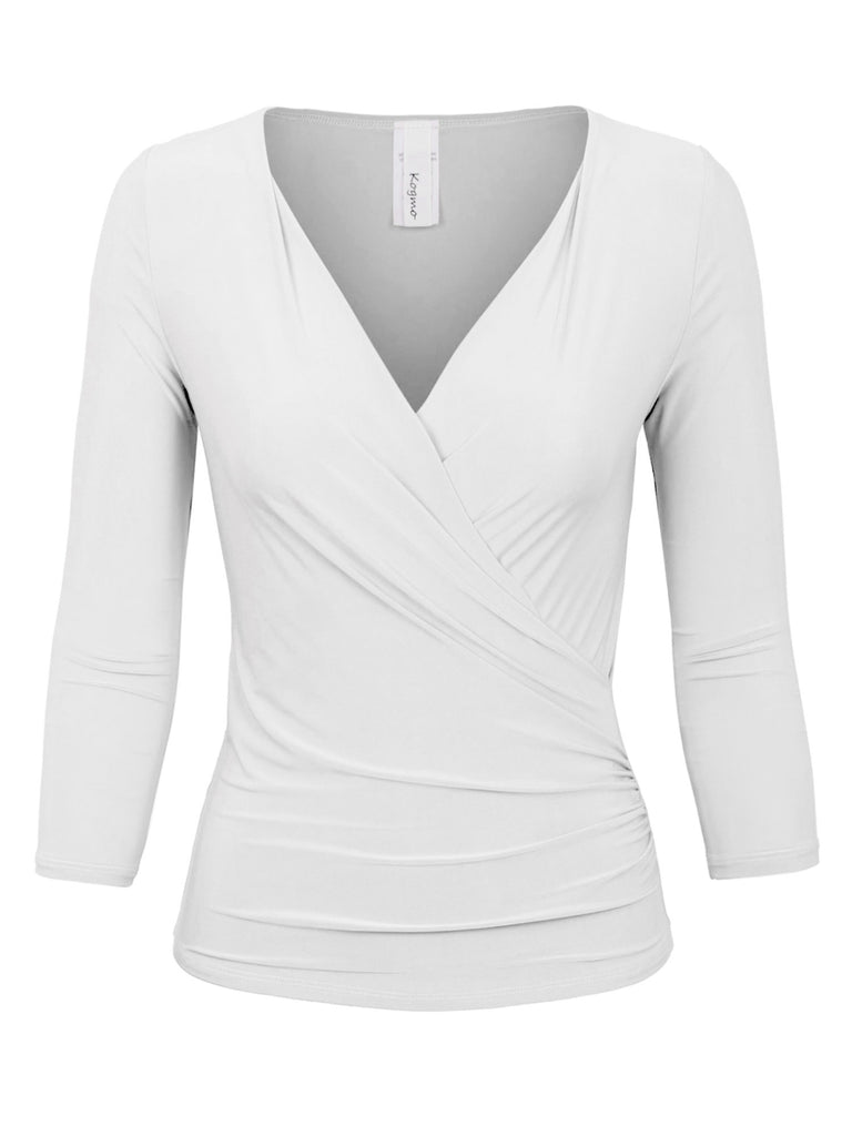 KOGMO Women's 3/4 Sleeve Side Wrap Ruched Shirred Slim Fit V-neck Top Shirts