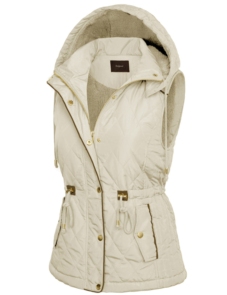 Womens Fur Lined Lightweight Zip Up Quilted Vest with Detachable Hood