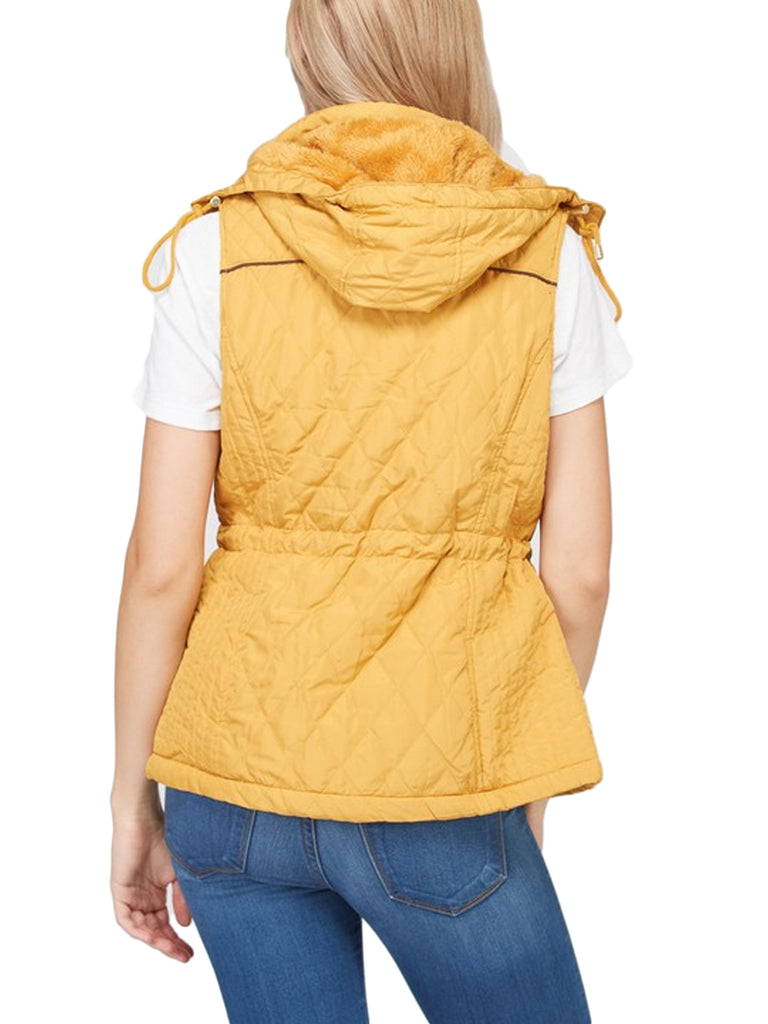 Womens Fur Lined Lightweight Zip Up Quilted Vest with Detachable Hood