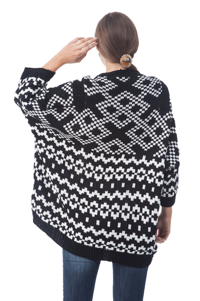 Women 3/4 Sleeve Knitted Geometric Pattern Shawl Open Drape Cardigan Sweater