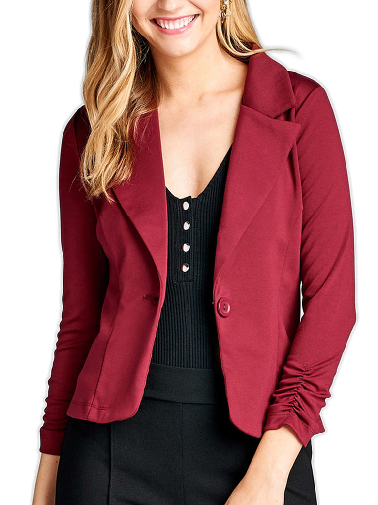 Womens Classic 3/4 Shirring Sleeve Solid Color Casual Blazer