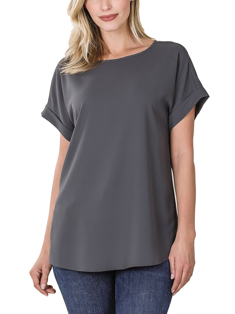 KOGMO Women's Short Sleeve Boat Neck Solid Woven Top Tee (S-3X)