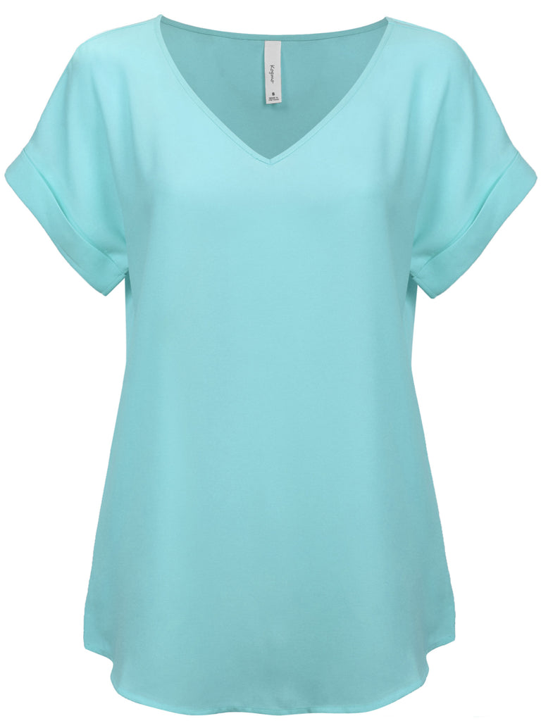KOGMO Women's Short Sleeve V Neck Solid Woven Top Tee (S-3X)