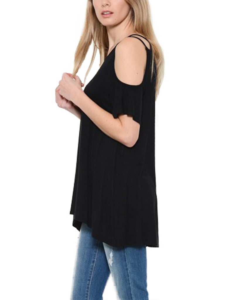 KOGMO Womens Cold Shoulder Short Ruffle Sleeve Tunic Top With Bow Hemline