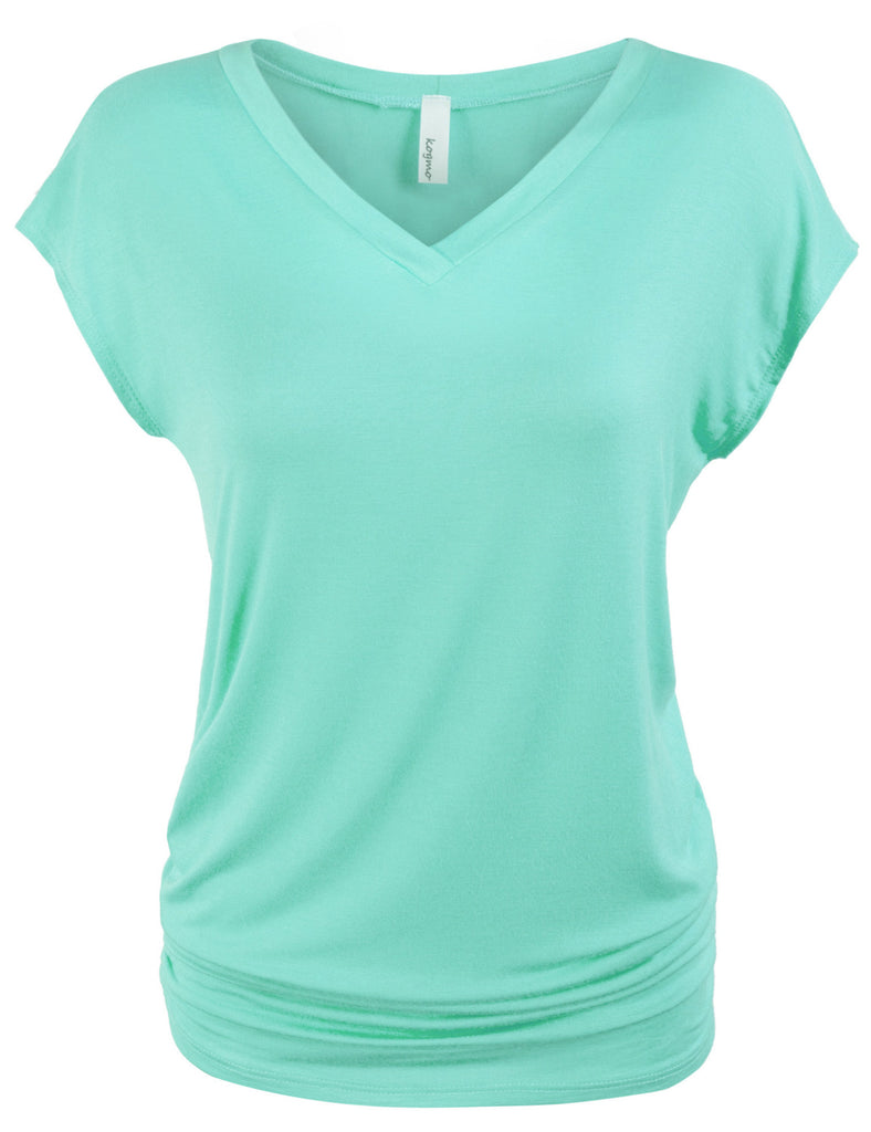 Short Sleeve Solid Basic Tunic Top Tee with Side Shirring V neck