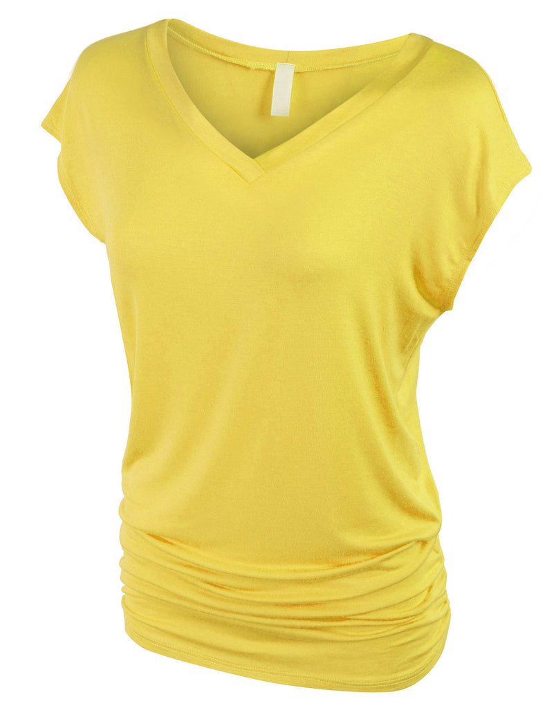 Short Sleeve Solid Basic Tunic Top Tee with Side Shirring V neck