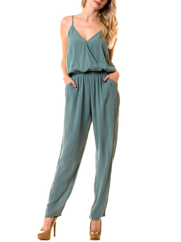 KOGMO Womens Casual Adjustable Spaghetti Strap Front Wrapped Jumpsuit Overalls