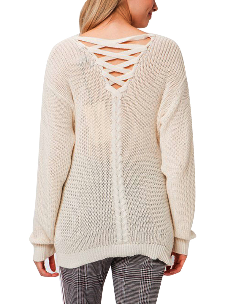 KOGMO Womens Casual Loose Fit Back Caged Sweater Knit
