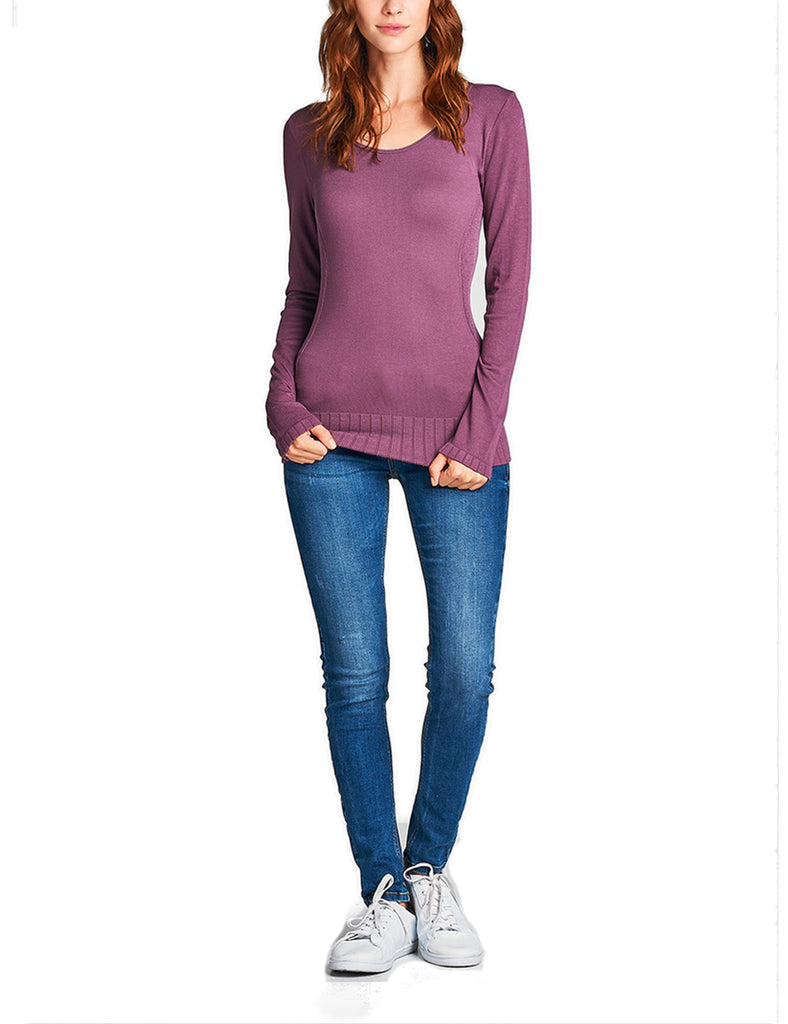 Women's Seamless Scoop Neck Long Sleeve Top with Ribbed Hem