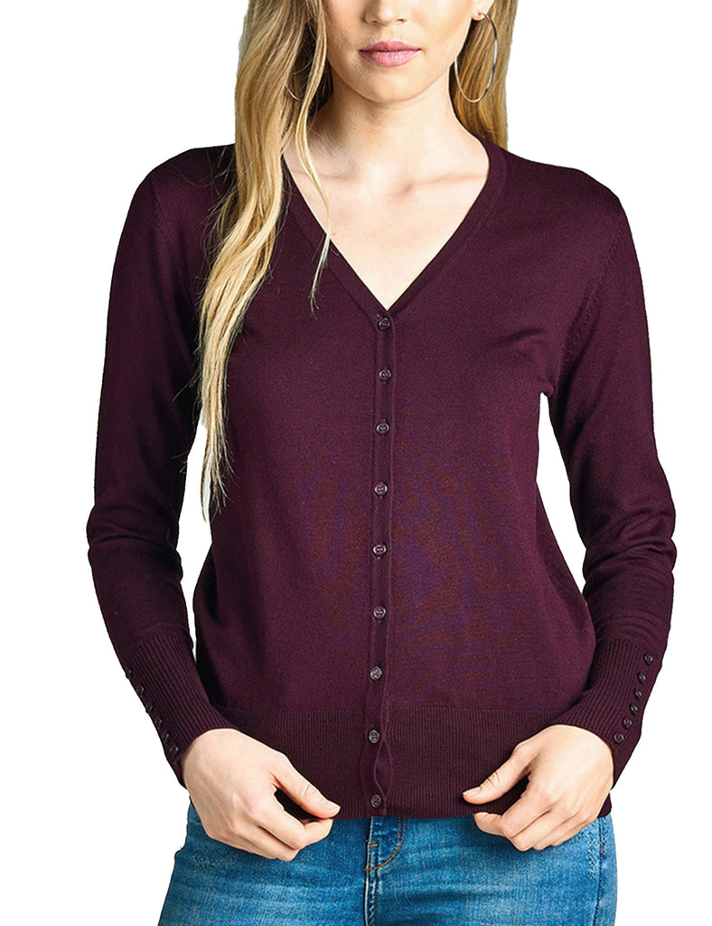 Womens V-Neck Cardigan with Sleeve Button Detail (S-XL)