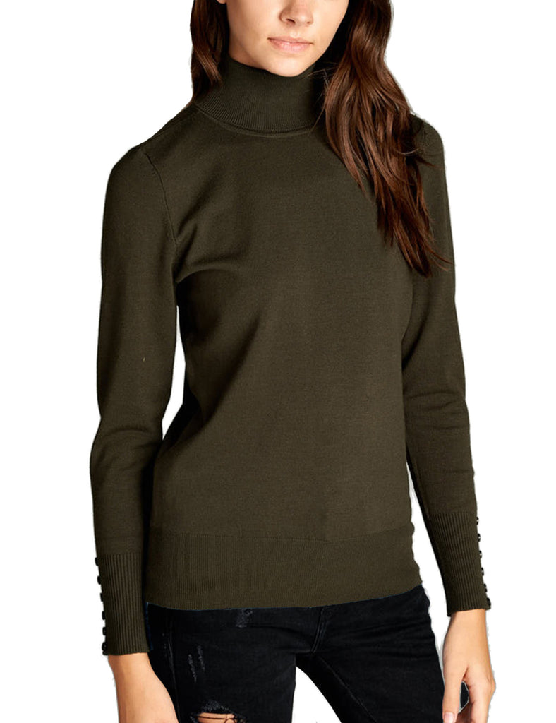 Women's Solid Long Sleeve Turtleneck Sweater with Sleeve Button