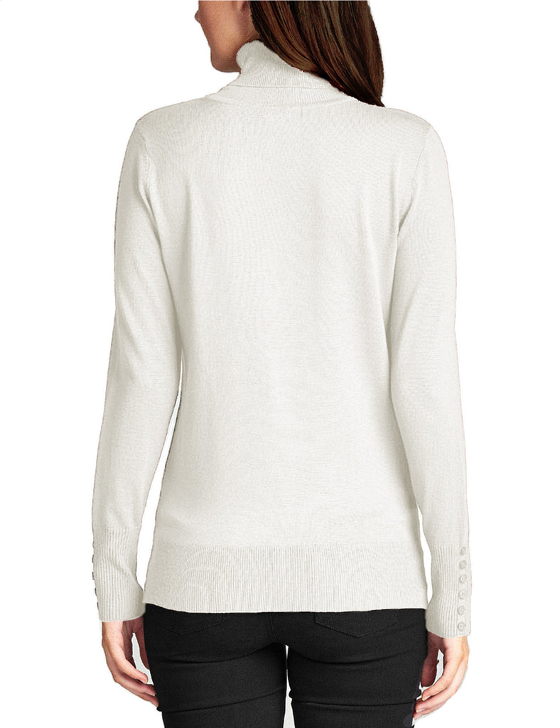 Women's Solid Long Sleeve Turtleneck Sweater with Sleeve Button