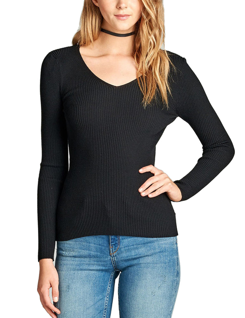 Women's Long Sleeve V-Neck Fitted Rib Rayon Nylon Sweater Top - KOGMO