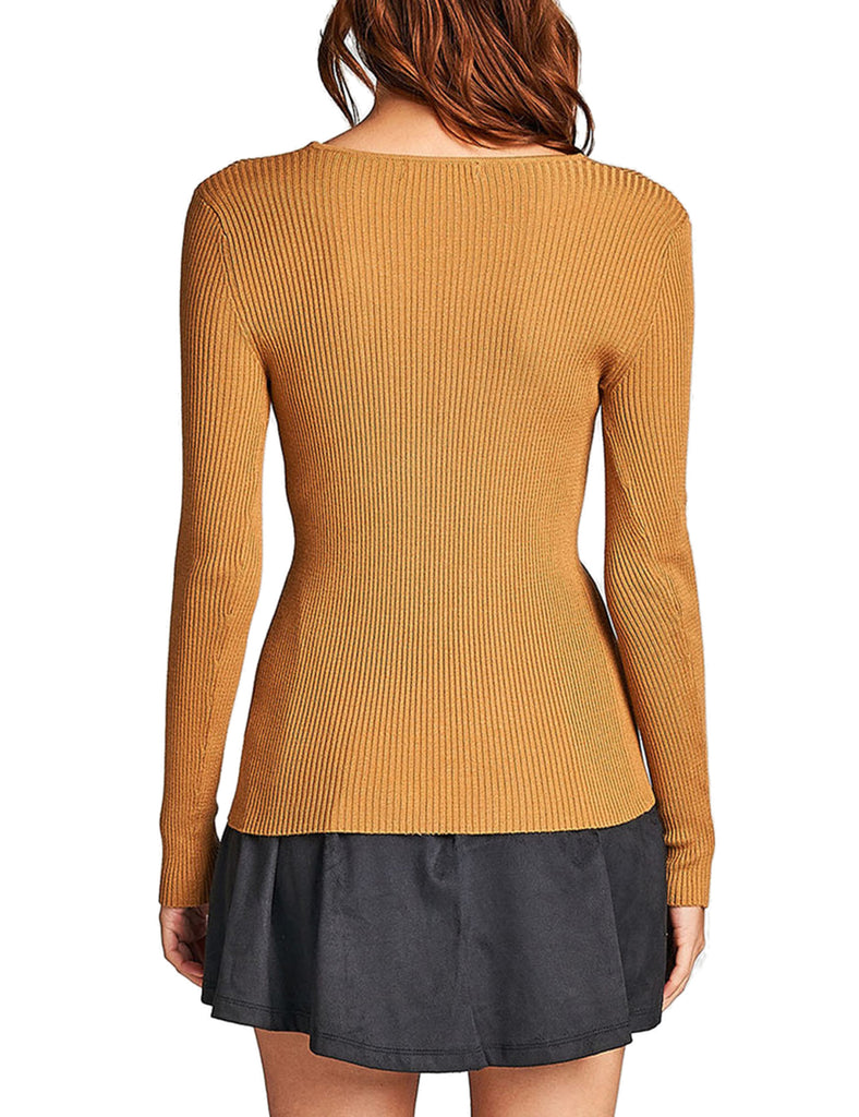 Women's Long Sleeve V-Neck Fitted Rib Rayon Nylon Sweater Top