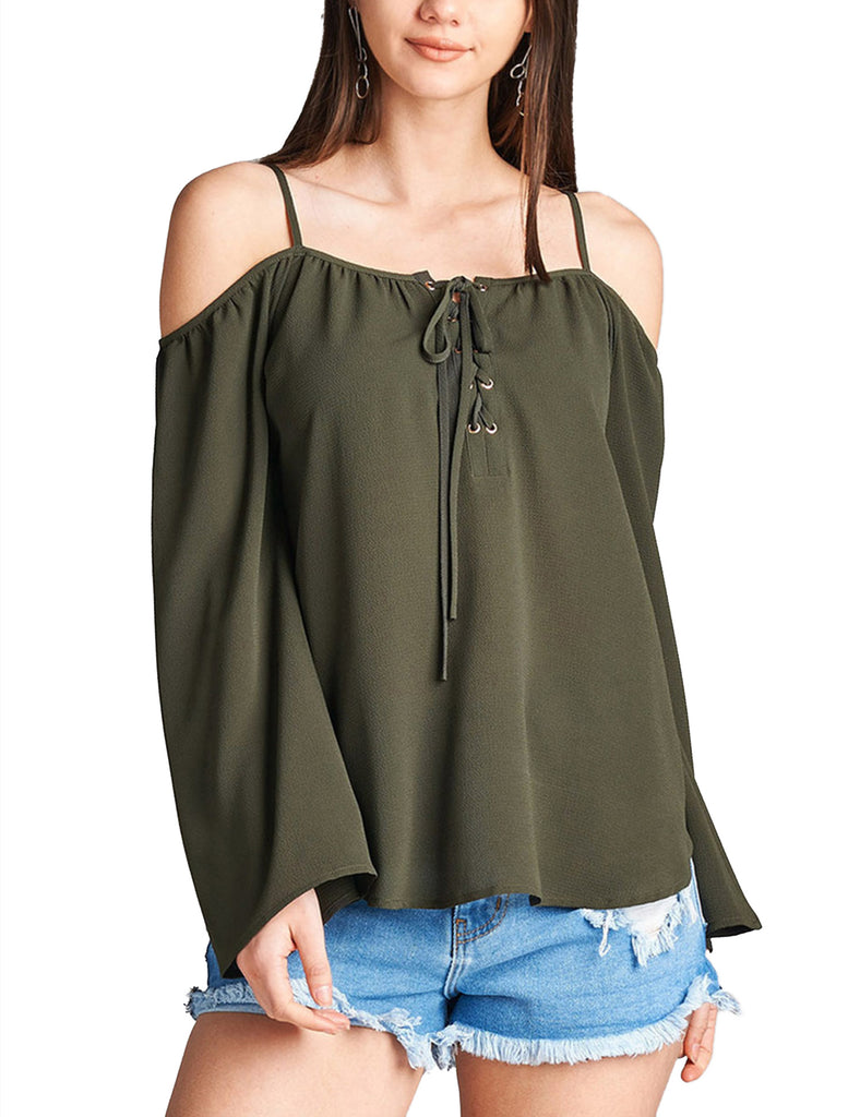 Womens Long Sleeve Open Shoulder Poly Crepe Top with Front Lace-Up