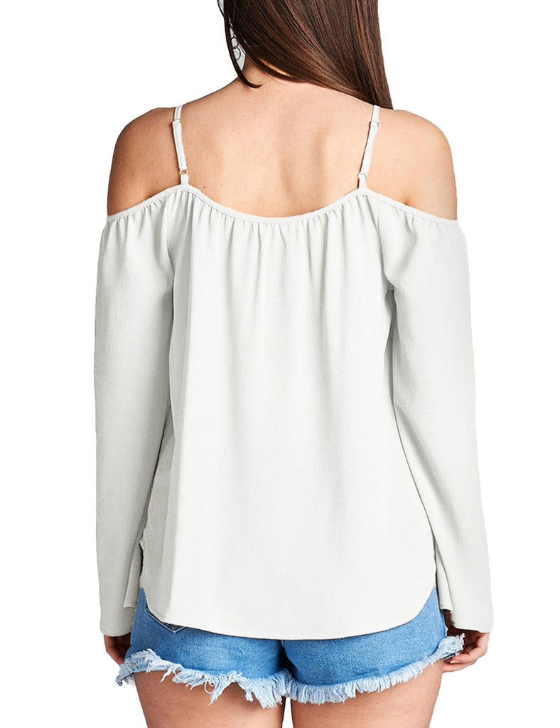 Womens Long Sleeve Open Shoulder Poly Crepe Top with Front Lace-Up