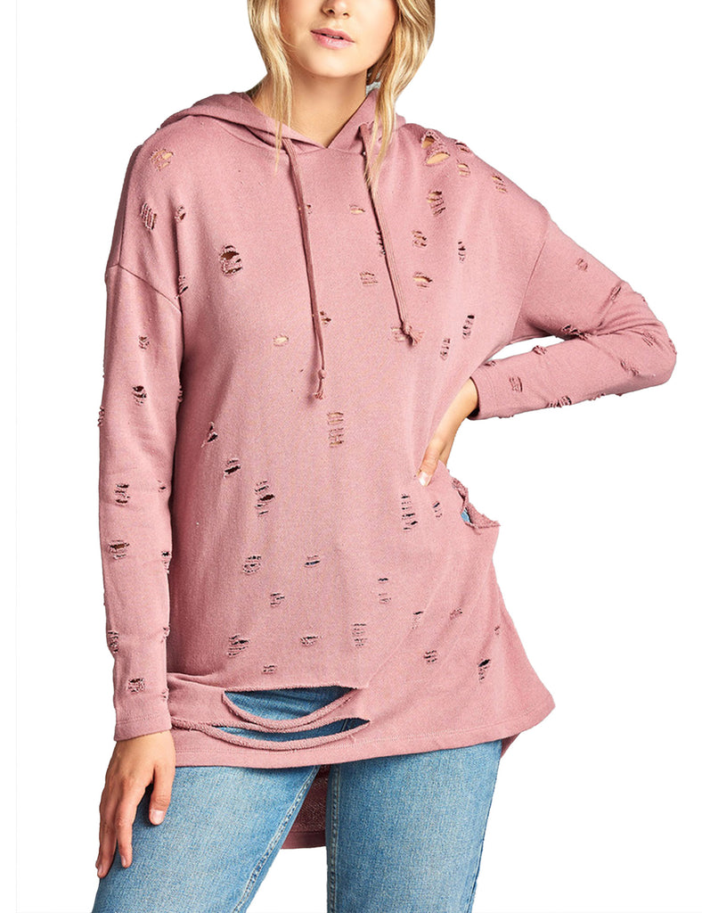 Womens Long Sleeve Distress with Drawstring French Terry Hoodie Tunic Top