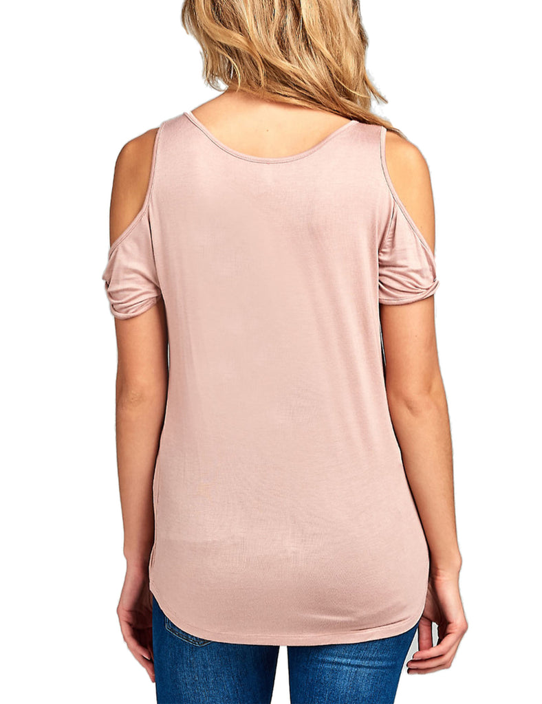 Women's Casual Cold Shoulder Twisted Short Sleeve Round Neck Top