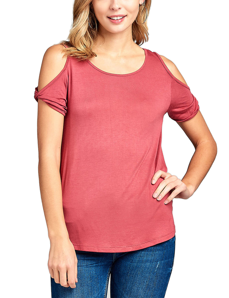 Women's Casual Cold Shoulder Twisted Short Sleeve Round Neck Top