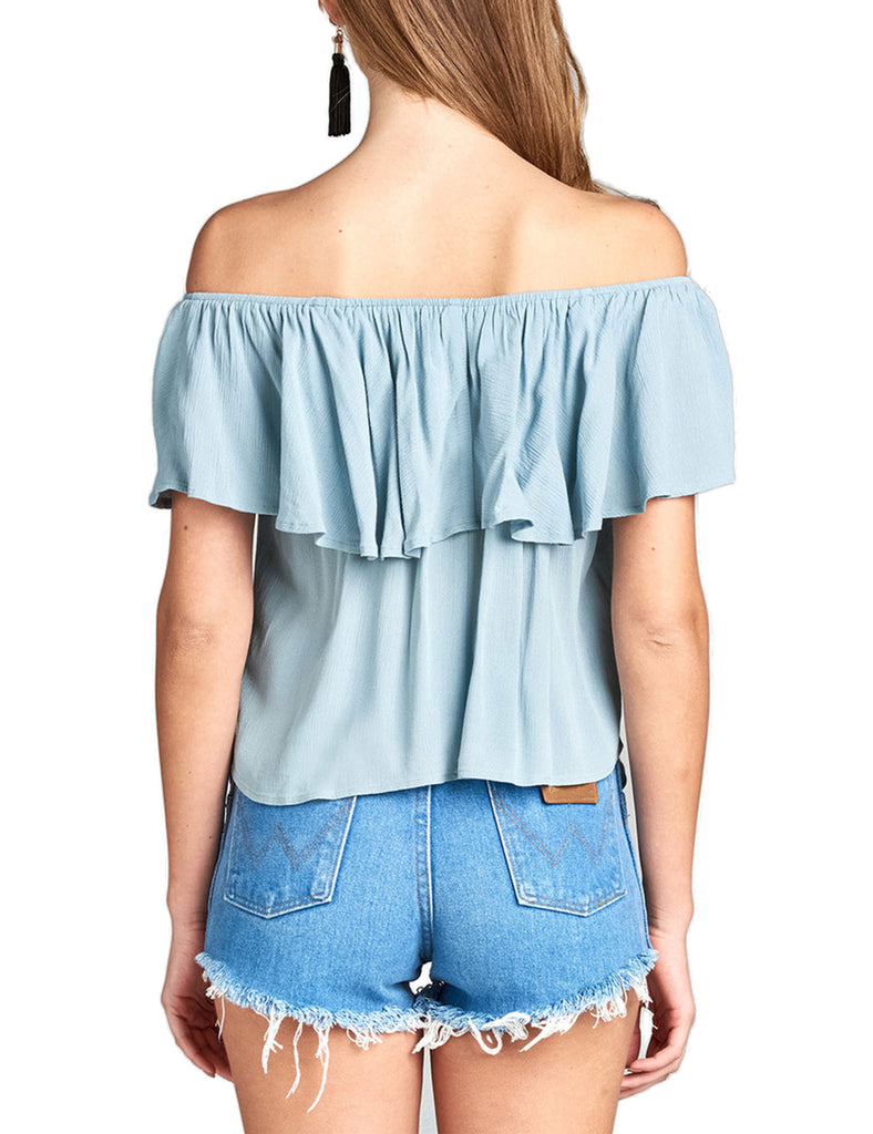 Women's Plain Short Sleeve Off Shoulder Ruffle Crinkle Gauze Blouse Top