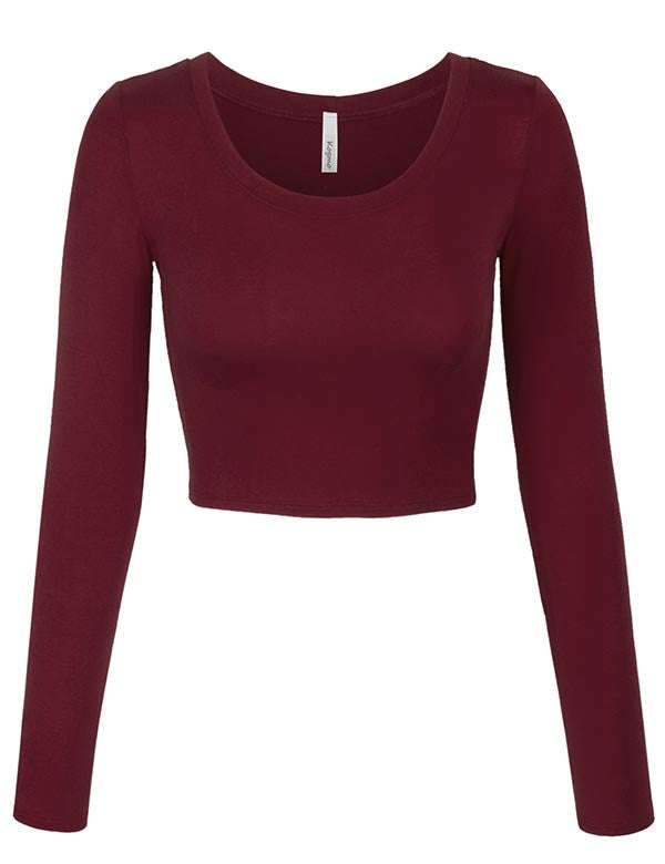 Long Sleeve Basic Crop Top Round Neck With Stretch