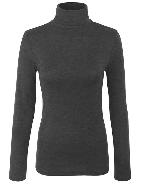 Turtleneck Long Sleeve Basic Solid Fitted Shirt with Stretch (95% Rayon/5% Spandex)